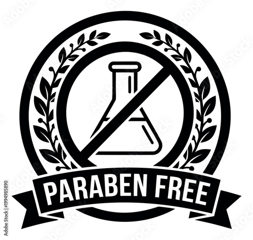 Bold silhouette illustration of paraben free badge depicting a prohibited laboratory flask with laurel wreath for cosmetic product labeling