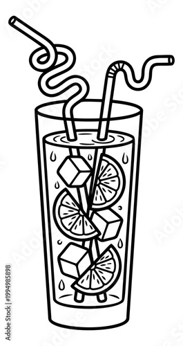 Outline illustration of tall cocktail glass depicting iced citrus drink with curly straws for food and beverage design