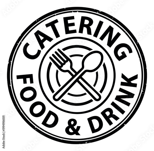 Grunge stamp illustration of catering service badge depicting crossed fork and spoon on circular seal for food and drink design