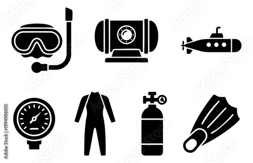 Silhouette icon set of 7 scuba diving equipment symbols featuring mask, wetsuit, oxygen tank, fins and submarine for underwater sport design