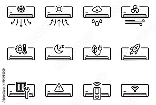 Outline icon set of 12 air conditioner modes featuring cooling, heating, dry, fan, sleep, eco and smart control symbols for hvac design