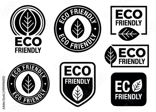 Flat icon set of 7 eco friendly badges featuring leaf symbols and circular stamp designs for sustainable branding