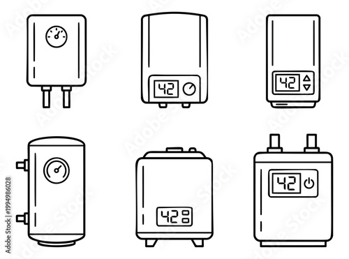 Outline icon set of 6 water heater boilers featuring digital displays, temperature controls and tank designs for home appliance design