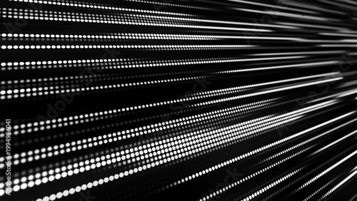 Streams of light rapidly pierce the darkness, forming rhythmic paths. A bright point acts as an impulse, carrying movement and energy through space. Vector