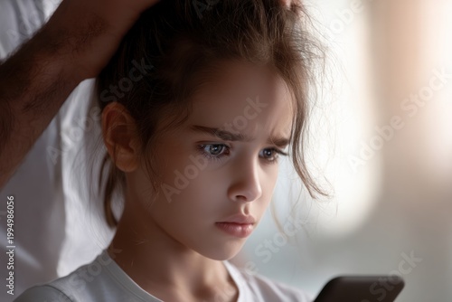 Concerned girl looking at a smartphone with a parent nearby, ideal for cyberbullying, screen time, and online safety awareness