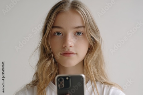 Teen girl taking a mirror selfie with a smartphone against a neutral background, ideal for social media, identity, and youth lifestyle content