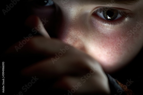 Extreme close-up of a child eye reflected by phone light in darkness, ideal for digital anxiety, screen addiction, and online safety concepts