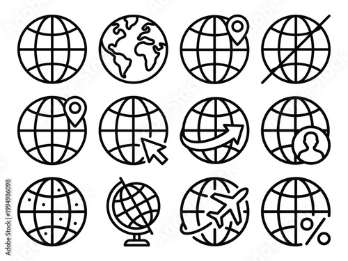 Global and travel icons set vector illustration with line art earth science around the world location airplane