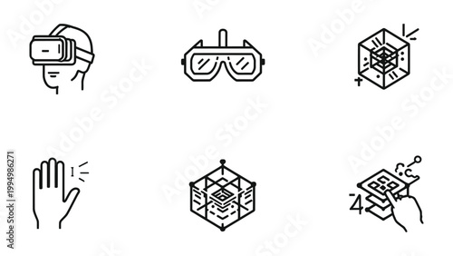 VR Icon Set: A modern, minimalist illustration showcasing a suite of virtual reality icons, representing the cutting edge of digital immersion and interactive experiences. 