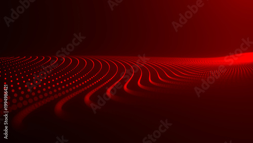 An abstract digital wave of particles. Dark background. Red glowing dots align in undulating arcs, creating an abstract flow of energy. Vector.