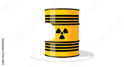 Yellow radioactive waste barrel with a bite mark, vector illustration of a toxic hazard container
