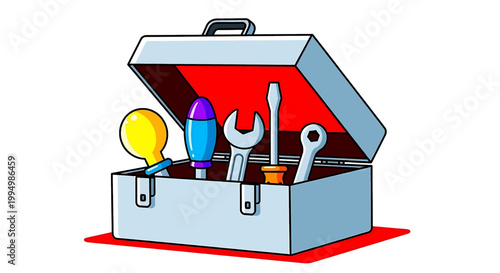 Illustration of an open metal toolbox containing various hand tools including a wrench, screwdriver, and light bulb