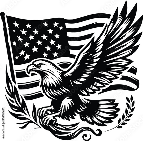 Fotografie Bald eagle holding American flag with laurel branch