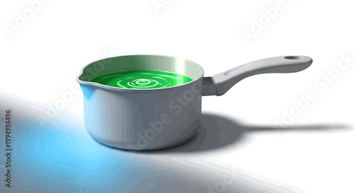 Metal saucepan with green liquid and ripples