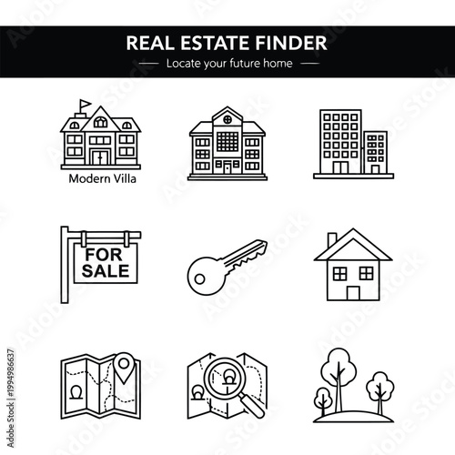 Black and white line icons of various real estate related objects