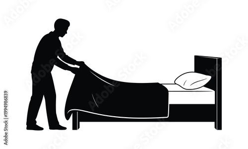 Bed making icon, hotel service symbol, flat black silhouette, vector illustration