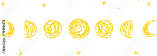 Bright and cheerful hand-drawn moon phases and stars in a vibrant yellow hue. These joyful celestial graphics are perfect for children’s nursery decor, optimistic greeting cards, and adding a pop 
