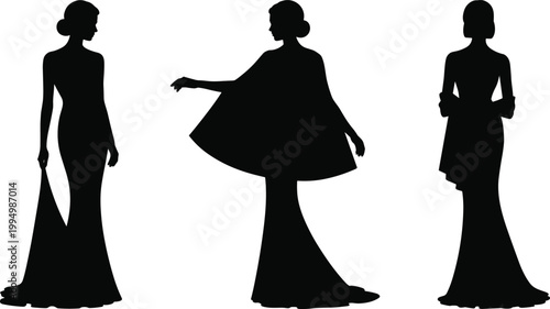 Elegant woman silhouettes, black dress icons, formal gown shapes, vector fashion illustrations