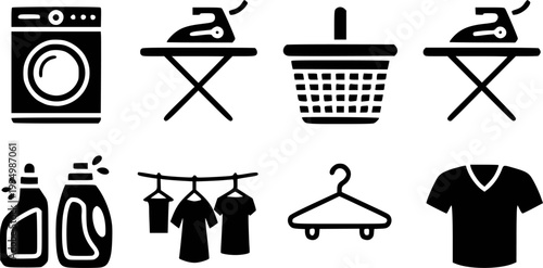 Black depicting laundry equipment: washing machine, ironing board, basket, detergent, clothesline, hanger, and shirt