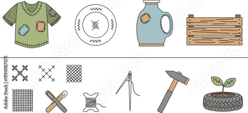 Repair and reuse icons set with mending clothes, fixing objects and sustainable DIY tools in flat style for zero waste and eco living design
