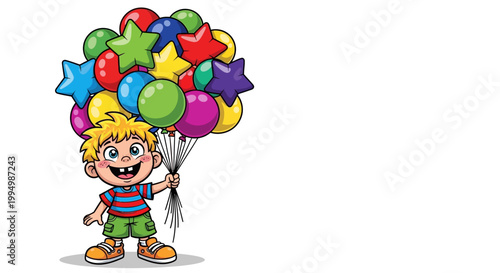 Happy cartoon boy holding a large bunch of colorful party balloons.
