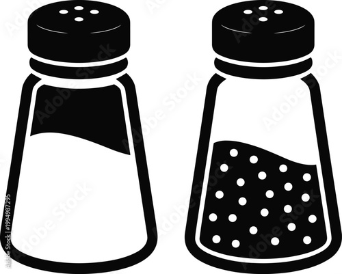 Salt and pepper shakers, black and white icons, kitchen condiment set, vector graphics