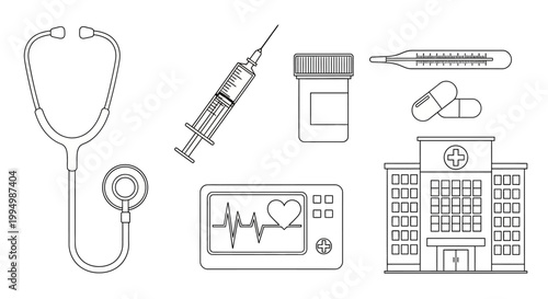 Set of medical equipment and healthcare icons in line art style