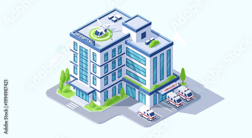Isometric modern hospital building with ambulances and helipad on the roof