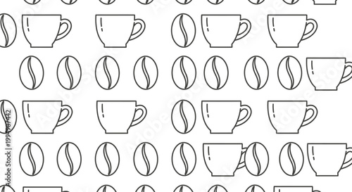 Coffee cups and beans seamless pattern in minimalist line art style.
