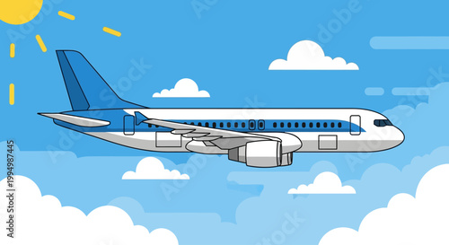 Passenger plane flying across a clear blue sky with clouds.