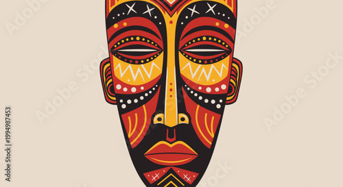 Vibrant African Tribal Mask Illustration with Traditional Patterns