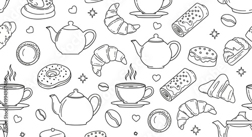 Seamless pattern with coffee, croissants, donuts and teapots in doodle style.