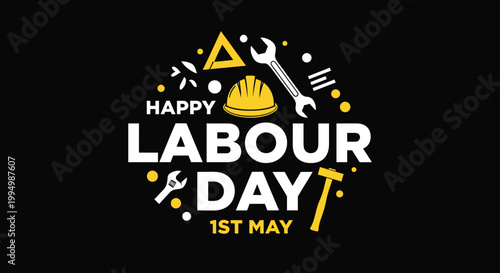 Happy labour day greeting with tools and hard hat