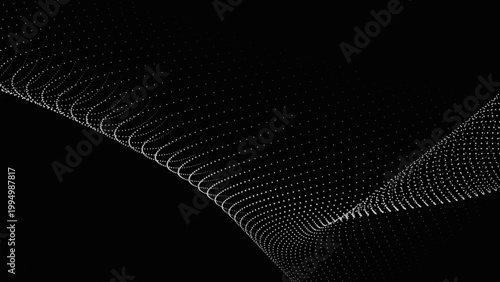 An abstract digital wave composed of numerous glowing dots on a black background. The lines create a sense of movement, energy, and depth, reminiscent of a digital particle flow. Vector.