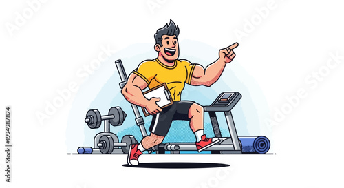 Animated fitness coach guiding a workout on a treadmill.
