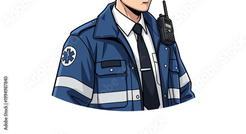 Illustration of an Emergency Medical Technician in Uniform with a Radio.