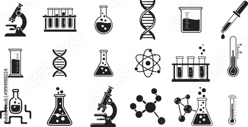 Science vector icons set, lab equipment illustration, chemistry icon and research symbol collection