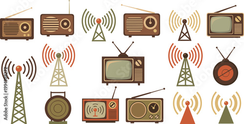 Retro broadcasting set with radio towers, vintage TV and signal transmission icons in flat style for media, communication and technology design