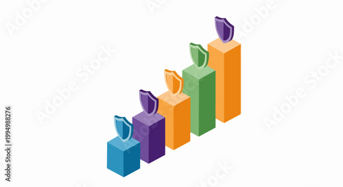 Isometric 3D Bar Chart Showing Secure Growth with Shield Icons for Financial Data Security and Risk Management Concept
