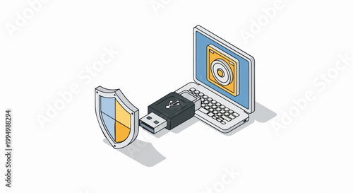 Cyber Security and Data Protection Isometric Illustration Featuring Laptop, USB Flash Drive, and Security Shield for Digital Safety and Privacy