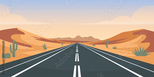 Empty desert road stretching toward the horizon under a bright sky