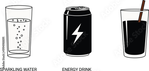 Beverage icon set. Sparkling water, energy drink can, and soda glass. Minimal vector illustration for menu design, packaging, and drink branding projects.