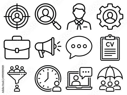 Collection of icons representing hiring recruitment career services with recruitment candidate personnel resources