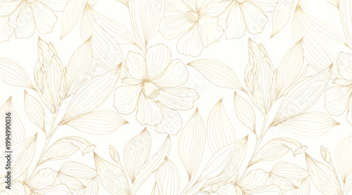 Elegant floral pattern with delicate gold line art flowers and leaves