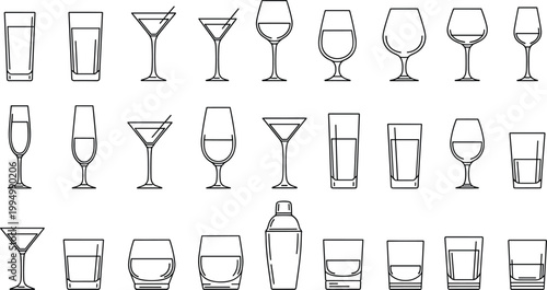 Glassware line icon set. Cocktail, wine, and bar glasses collection. Minimal outline vector illustration for bar menu, restaurant design, and beverage branding.
