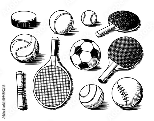 Hand-drawn collection of diverse sports balls and equipment white background hockey