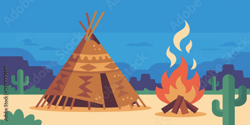 Camping in mountains and desert with campfire at sunset illustration