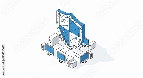 Isometric Cybersecurity and Data Protection Concept - Digital Shield Guarding Networked Computers and Servers, Information Security System