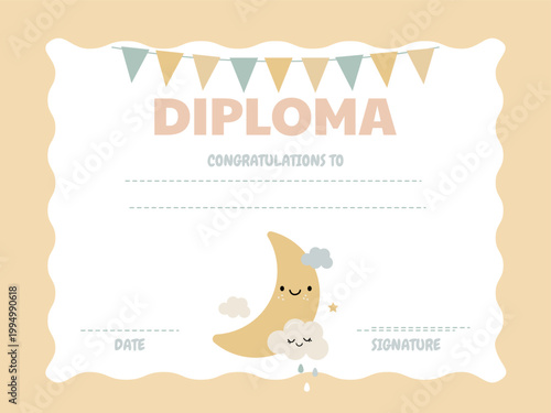 Horizontal diploma for a kindergarten graduate featuring a cute moon in pastel colors