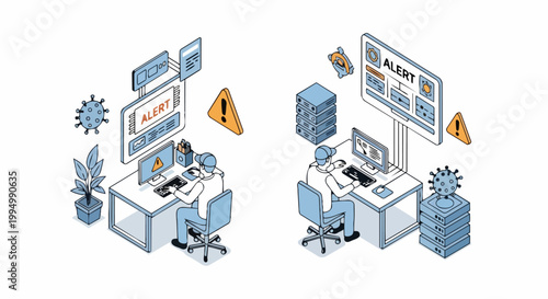 Cybersecurity Specialist Monitoring System Alerts and Malware Threats Isometric Illustration Set